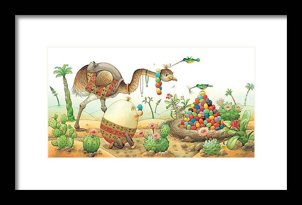 Eggs Easter Birds Framed Print featuring the painting Minieggs and Maxiegg by Kestutis Kasparavicius