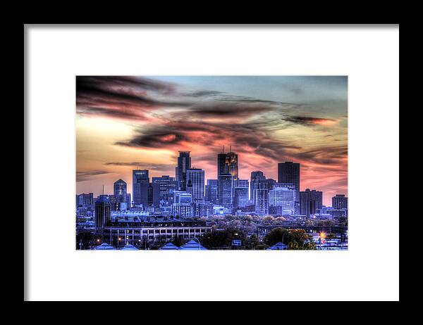 Minneapolis Skyline Framed Print featuring the photograph Minneapolis Skyline Autumn Sunset by Shawn Everhart