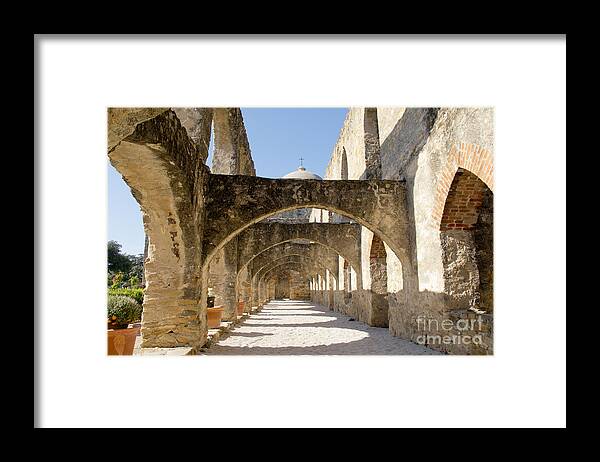 Arched Path Framed Print featuring the photograph Mission San Jose y San Miguel de Aguayo. Path. by Elena Perelman