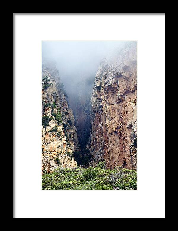 Red Rocks Framed Print featuring the photograph Misty Canyons by Phyllis Denton