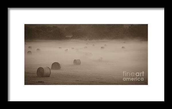 Misty Hay Bales Framed Print featuring the photograph Misty Hay Bales by Tamara Becker