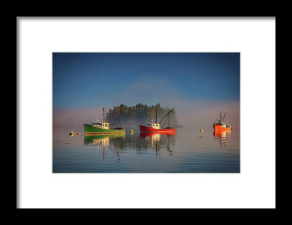 Fishing Framed Print featuring the photograph Misty Morning on Johnson Bay by Rick Berk