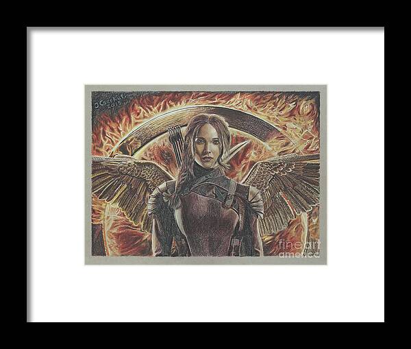 Katniss Framed Print featuring the drawing MockingJay by Janos Cserkuti