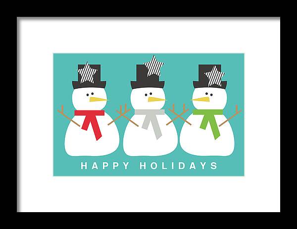 Snowman Framed Print featuring the digital art Modern Snowmen Happy Holidays- Art by Linda Woods by Linda Woods