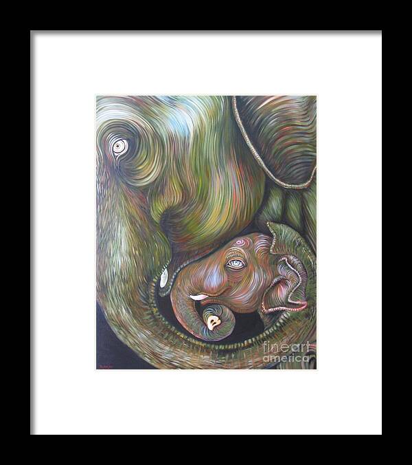 Elephant Framed Print featuring the painting Mom and Kid by Sukalya Chearanantana