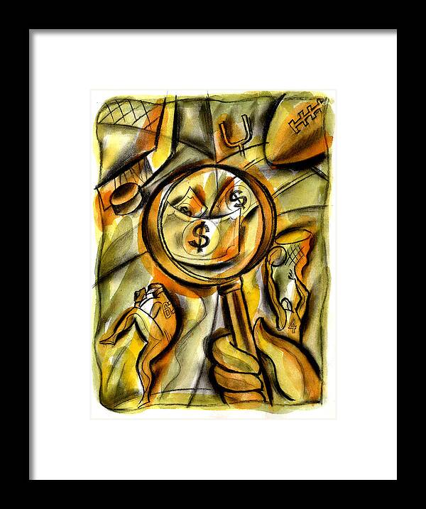 Baseball Basketball Budget Business Finance Capital Career Cash Color Color Image Commerce Commercialism Compensation Concept Dollar Sign Drawing Earn Earning Economizing Examine Examining Finance Financing Football Forecasting Funding Funds Greed Hand Hockey Hold Holding Illustration Illustration And Painting Income Inspect Inspecting Lucrative Magnifying Magnifying Glass Male Man Market Marketing Money Observation One One Person Only Men Organization Owner Pay People Pitch Professional Profit Framed Print featuring the painting Money And Professional Sports  by Leon Zernitsky