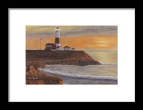 Montauk Pt. Framed Print featuring the painting Monntauk Lighthouse sunset by Diane Romanello