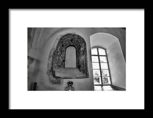 Black And White Framed Print featuring the photograph monochrome Old window in Teda church. by Leif Sohlman
