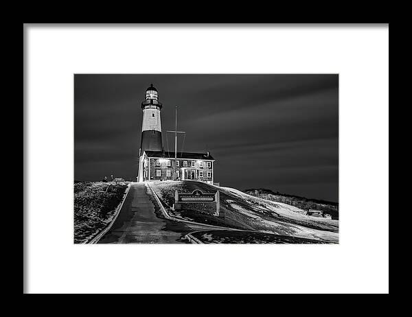 Montauck Point Lighthouse Framed Print featuring the photograph Montauk Point Lighthouse BW by Susan Candelario