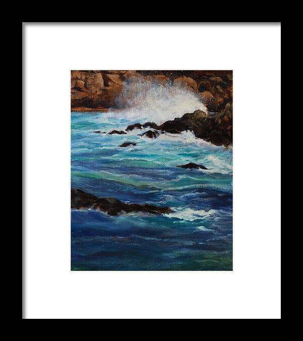 The Larger The Wave The More Thrill Is The Sea That Contains It Framed Print featuring the painting Monterey Wave #2 by Joyce Snyder