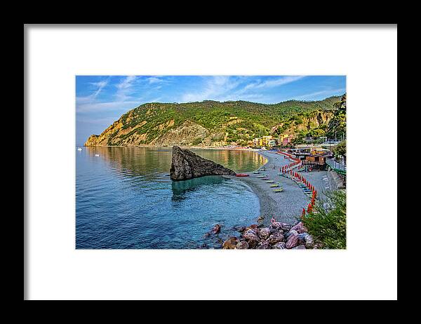 Monterosso Beach And Harbor Framed Print featuring the photograph Monterosso Beach and Harbor by Carolyn Derstine