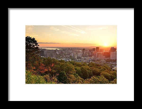 Montreal Framed Print featuring the photograph Montreal sunrise viewed from Mont Royal with city skyline in the by Songquan Deng
