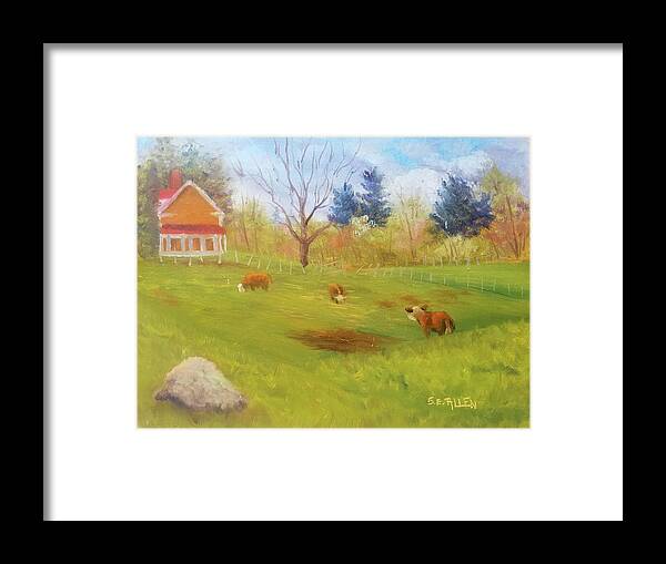 Cows Framed Print featuring the painting Moo-dy Corner by Sharon E Allen