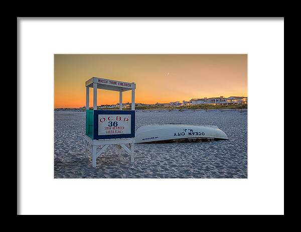 Moon Framed Print featuring the photograph Moon over Lifeboat at Sunset by Mark Rogers