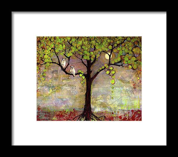 Owl Framed Print featuring the painting Moon River Tree Owls by Blenda Studio