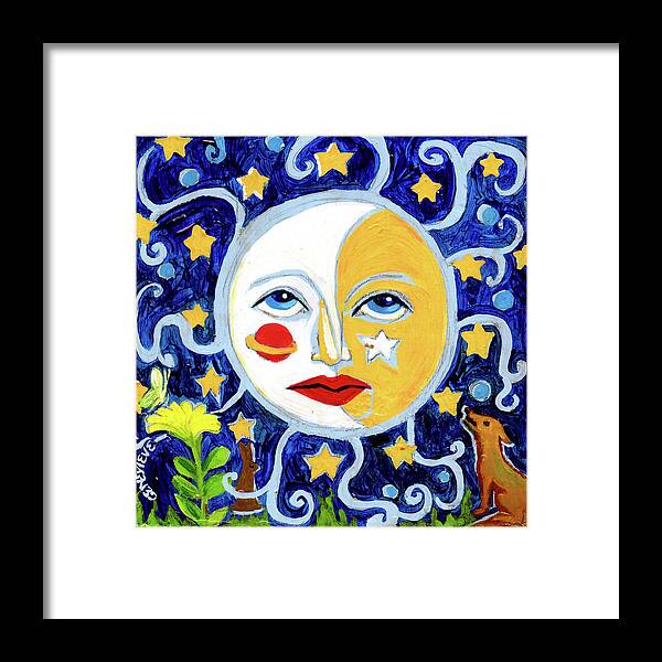 Moon Framed Print featuring the painting Moonface With Wolf And Stars by Genevieve Esson