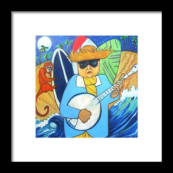 Painting Framed Print featuring the painting Moonlight Banjo Surfmonkey by Todd Peterson