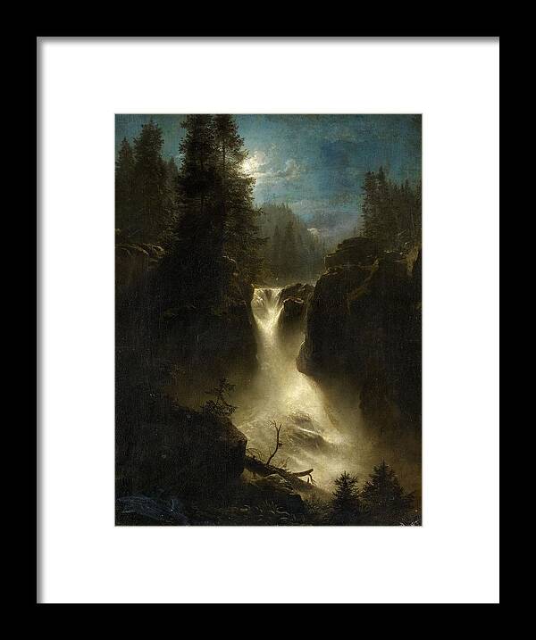 Oswald Achenbach Framed Print featuring the painting Moonlit Alpine Landscape by Oswald Achenbach