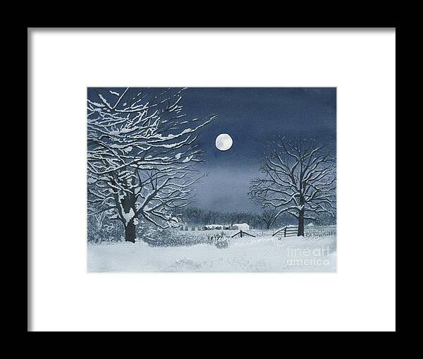 Moon Framed Print featuring the painting Moonlit Snowy Scene on the Farm by Conni Schaftenaar