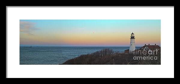 Atlantic Ocean Framed Print featuring the photograph Moonrising over Portland Headlight by David Bishop
