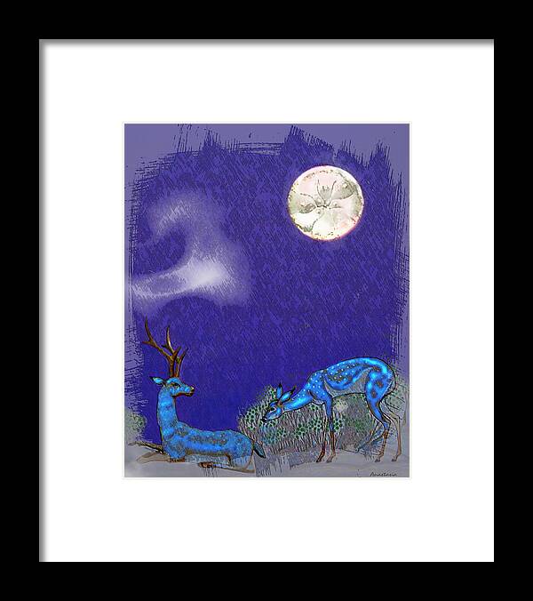Deer Framed Print featuring the digital art Moonset Over Blue Deer by Anastasia Savage Ealy