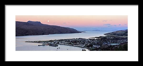 Ullapool Framed Print featuring the photograph Moonset Sunrise over Ullapool by Grant Glendinning