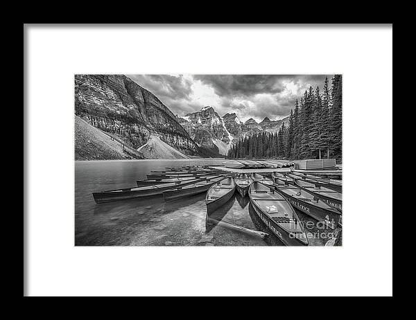 Banff Framed Print featuring the photograph Moraine Lake in black and white by Paul Quinn