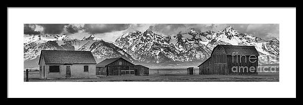 Black And White Framed Print featuring the photograph Mormon Row Homes Panorama Black And White by Adam Jewell