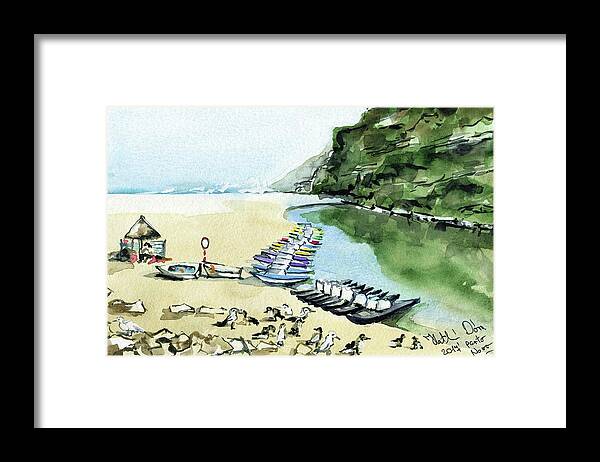 Portugal Framed Print featuring the painting Morning At Porto Novo Beach by Dora Hathazi Mendes
