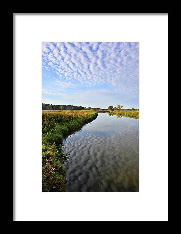 Mchenry County Conservation District Framed Print featuring the photograph Morning Clouds Reflected in Nippersink Creek in Glacial Park by Ray Mathis