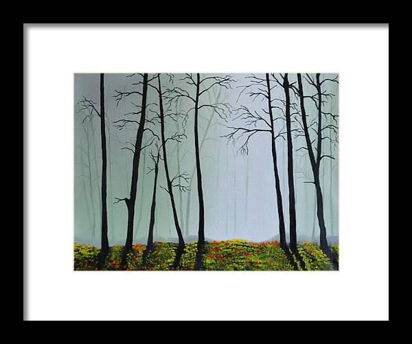 This Is A Landscape Painting Of A Foggy Wooded Area. The Light Is Coming Through A Foggy Area Of The Background. I Used A Light Colored Back Ground To Give The Painting Depth And Contrast. The Trees Don't Have Leaves And Are Casting A Shadow On The Forest Floor. The Ground Is Covered With Fresh Flowers And Green Grass. This Is An Affordable Oil Painting And Would Look Great In Any Room. Framed Print featuring the painting Morning Fog by Martin Schmidt
