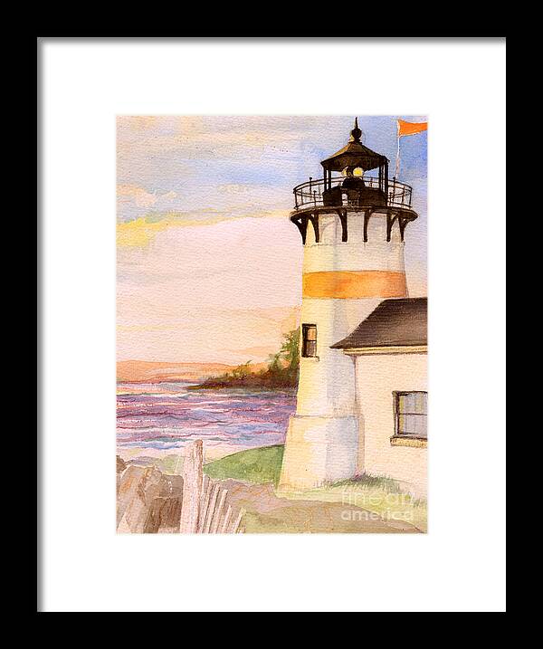 Landscape Framed Print featuring the painting Morning, Lighthouse by Nancy Watson