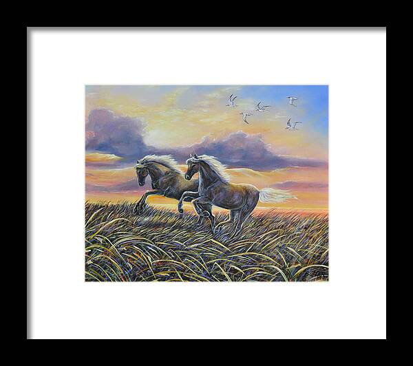 Horses Beach Sunrise Nature Ponies Framed Print featuring the painting Morning Run by Gail Butler