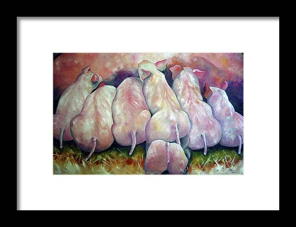 Little Piglets Painting Framed Print featuring the painting Morning Snack by Laurie Pace