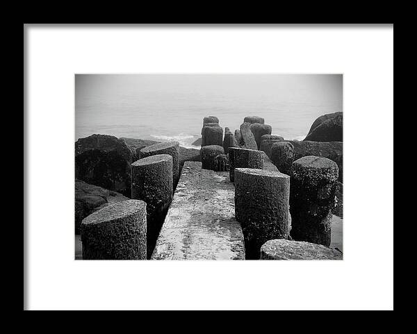 Jersey Shore Framed Print featuring the photograph Mossy Jetty in Black and White - Jersey Shore by Angie Tirado