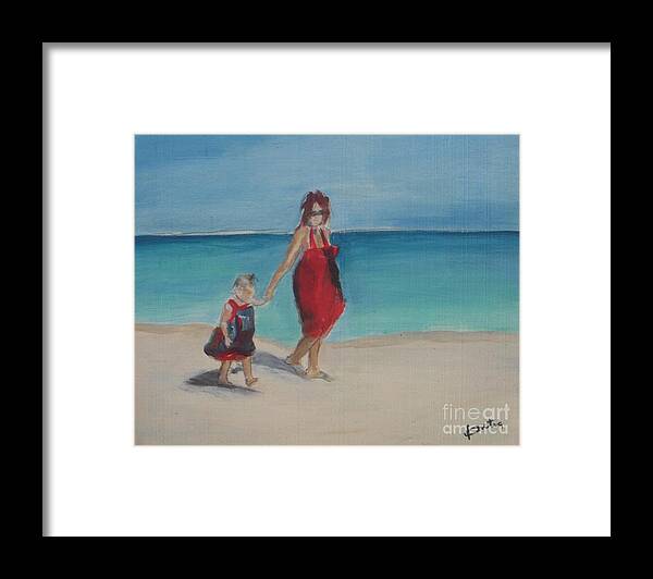 Mom Framed Print featuring the painting Mother and Daughter Walk on the Beach by Vesna Antic