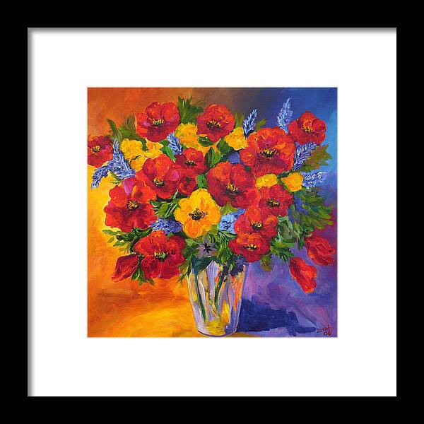 Red Flowers Purple Vase Framed Print featuring the painting Mothers Spring Flowers by Mary Jo Zorad
