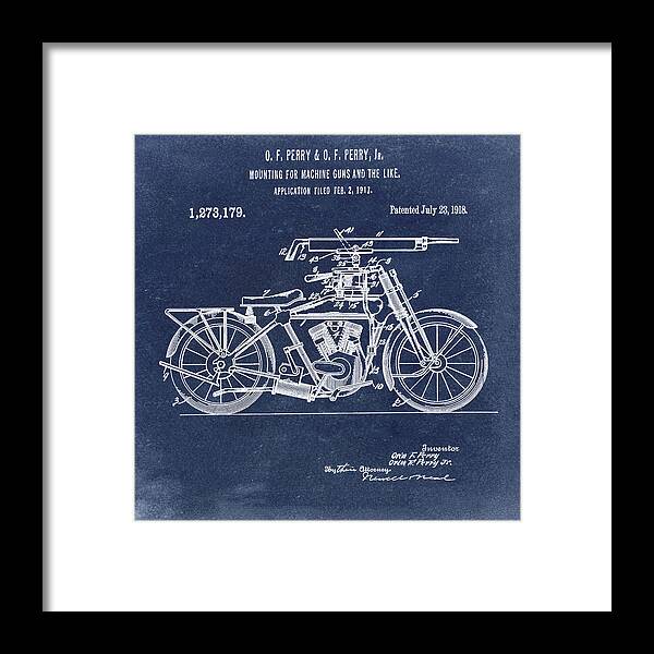 Motorcycle Framed Print featuring the digital art Motorcycle Machine Gun Patent 1918 in Blue by Bill Cannon