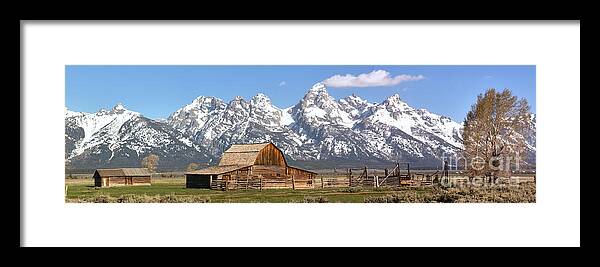 Moulton Barn Panorama Framed Print featuring the photograph Moulton Barn Blue Sky Panorama by Adam Jewell