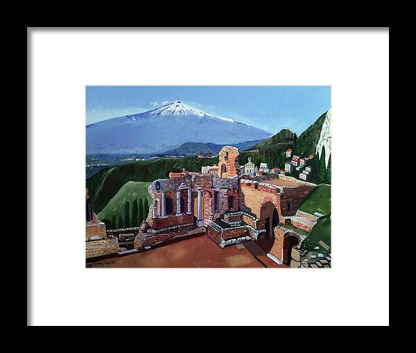 Oil Framed Print featuring the painting Mount Etna and Greek Theater in Taormina Sicily by Mary Capriole