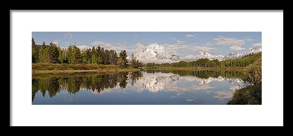 Mount Moran On Snake River At Oxbow Bend Grand Teton National Park Panoramic Framed Print featuring the photograph Mount Moran On Oxbow Bend Panorama by Brian Harig