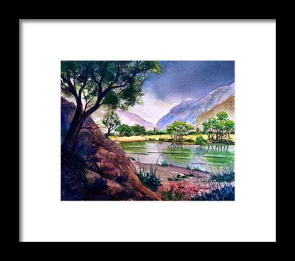Mountains Framed Print featuring the painting Mountain Lake Memories by Frank SantAgata
