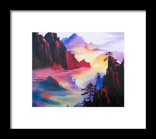 Tranquil Framed Print featuring the painting Mountain Top Sunrise by Sharon Duguay