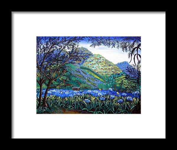 Blue Nile Lilies Framed Print featuring the painting Mountains in Blue by Sarah Hornsby