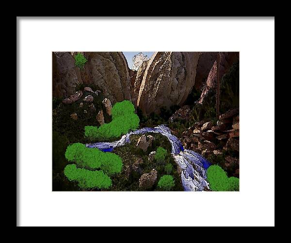 Stones.rocks.mountines.sky.cloud.bushes.river.water.flow. Framed Print featuring the digital art Mountine river by Dr Loifer Vladimir