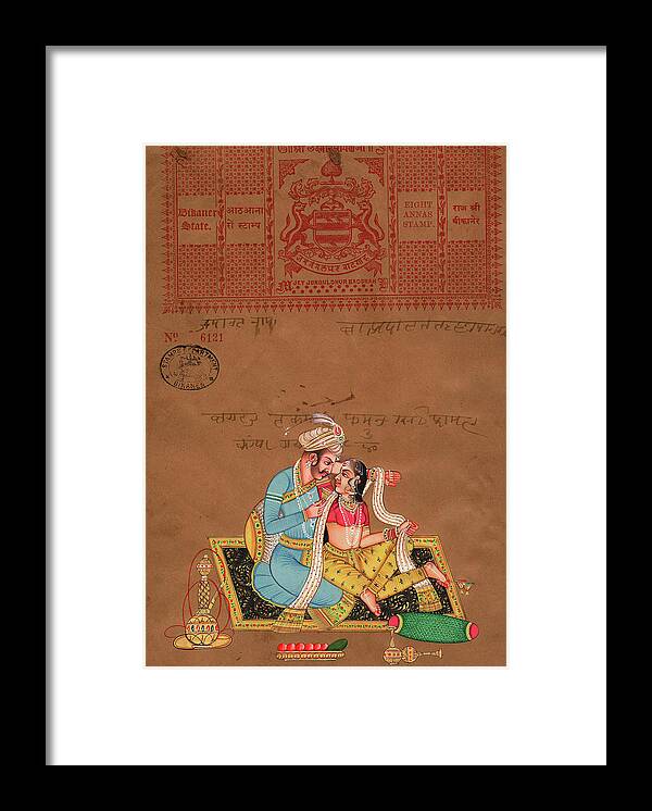 King Of India Mughal Art Of Love Kamsutra Indian Miniature Watercolor Painting On Old Stamp Antique Vintage Paper Love Scene Handmade Painting Online Art Gallery Mughal Art Gallery Erotica Yellow Blue Color Decorative Blossoms Contemporary Floral Digital Art Doted Bedsheet Online Gift Indian Handicraft Home Decor Usa Afganistan California Framed Print featuring the painting Mughal king of india Art of Love Kamsutra indian miniature watercolor Painting on old vintage stamp by Ravi Sharma