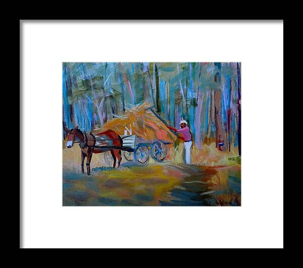 Figurative Framed Print featuring the painting Mule Haycart by Francine Frank