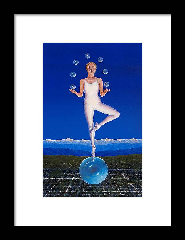 Muse Dawn Ballet Ballerina Bubble Bubbles Juggle Juggling Girl Woman Dance Dancer Fantasy Inspiration Inspirational Framed Print featuring the painting Muse of Dawn by Laurie Stewart