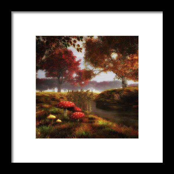 Autumn Framed Print featuring the painting Mushrooms and river by Jan Keteleer
