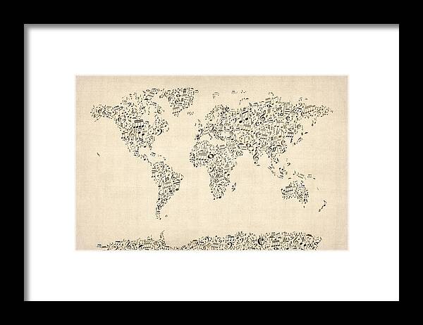 World Map Framed Print featuring the digital art Music Notes Map of the World Map by Michael Tompsett